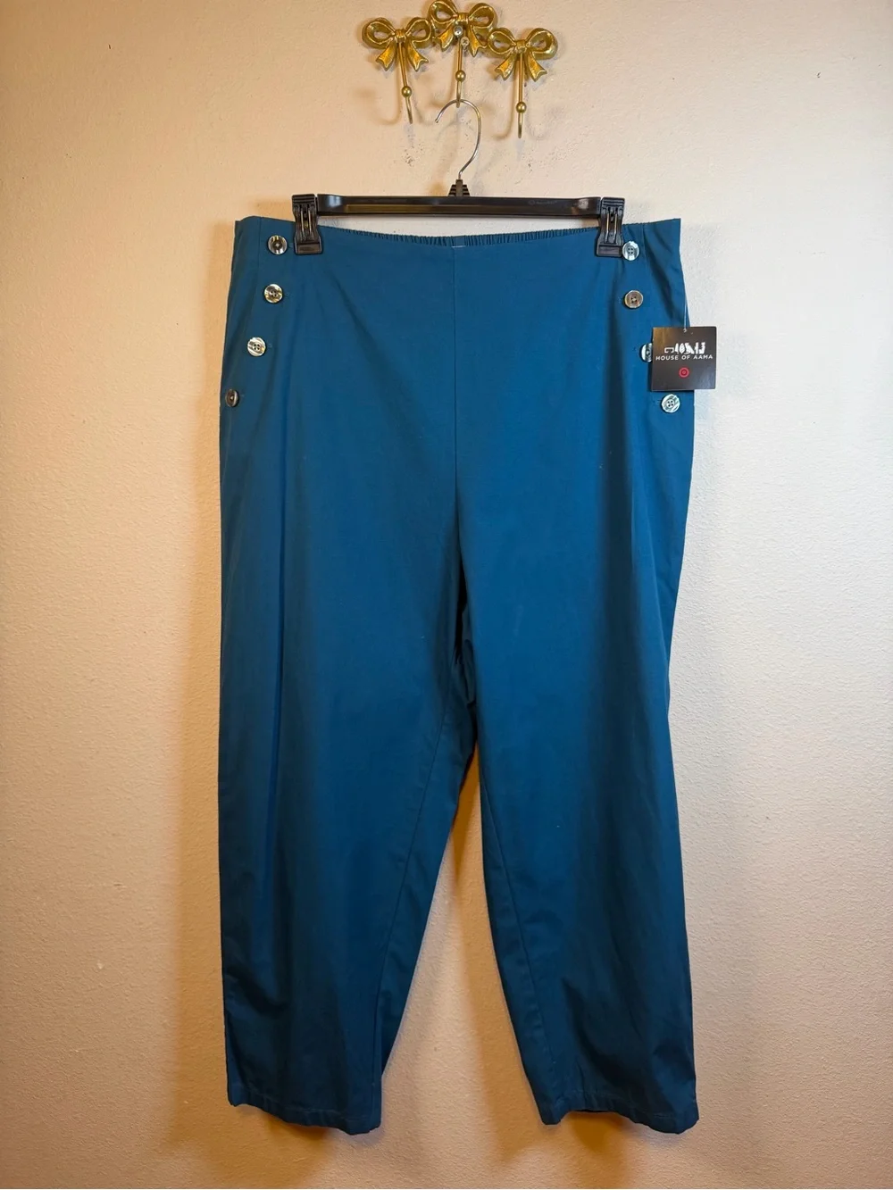 House of Aama deep teal Pull Up  Button-Accent Dress Pants. XXL
